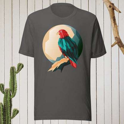 Dark gray t-shirt featuring a geometric bird design with a red head and teal-green body on the front, and bold blue text reading ‘I’M AWESOME’ on the back—stylish, artistic, and perfect for casual wear.