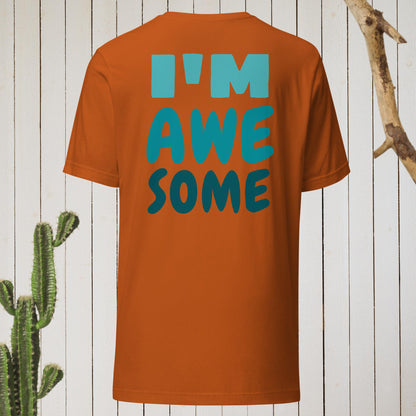 Dark gray t-shirt featuring a geometric bird design with a red head and teal-green body on the front, and bold blue text reading ‘I’M AWESOME’ on the back—stylish, artistic, and perfect for casual wear.