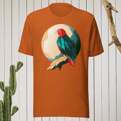 Dark gray t-shirt featuring a geometric bird design with a red head and teal-green body on the front, and bold blue text reading ‘I’M AWESOME’ on the back—stylish, artistic, and perfect for casual wear.