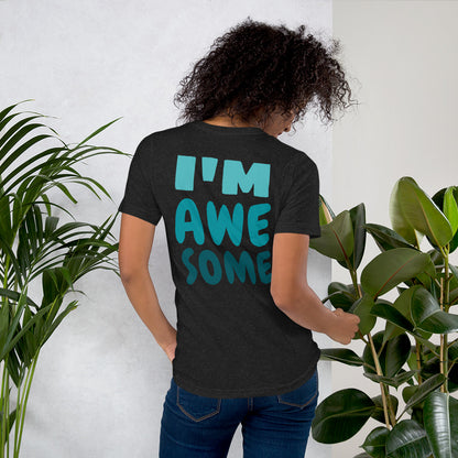 Black t-shirt featuring a bold front print reading ‘I’M AWESOME’ in large blue letters—minimalist, stylish, and perfect for casual wear.