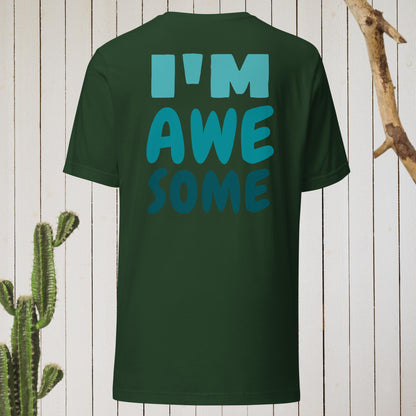 Dark green t-shirt featuring a geometric bird design with a red head and teal-green body on the front, and bold blue text reading ‘I’M AWESOME’ on the back—stylish, artistic, and perfect for casual wear.