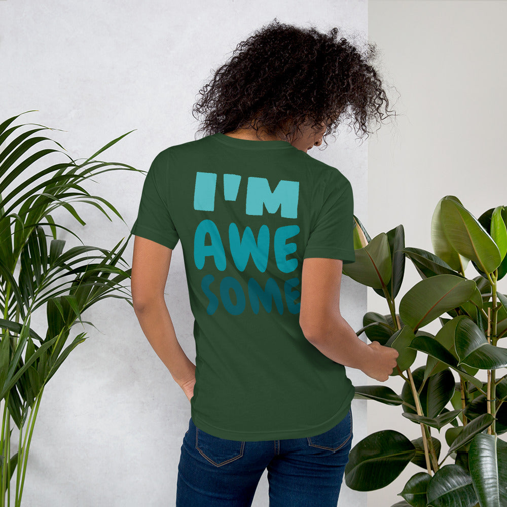Green t-shirt featuring a bold front print reading ‘I’M AWESOME’ in large blue letters—minimalist, stylish, and perfect for casual wear.   