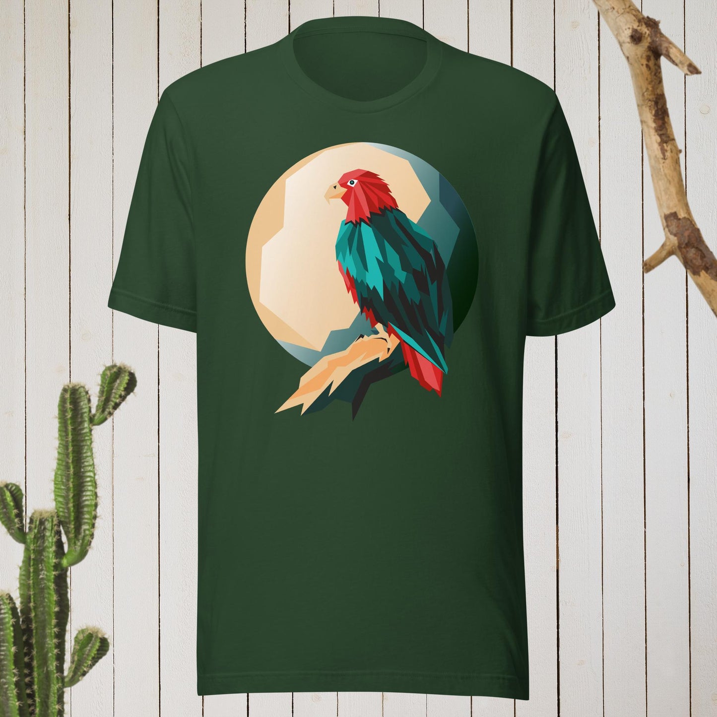 Dark green t-shirt featuring a geometric bird design with a red head and teal-green body on the front, and bold blue text reading ‘I’M AWESOME’ on the back—stylish, artistic, and perfect for casual wear.