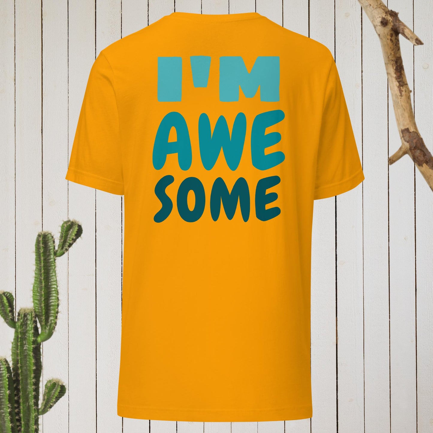 Bright Yellow t-shirt featuring a geometric bird design with a red head and teal-green body on the front, and bold blue text reading ‘I’M AWESOME’ on the back—stylish, artistic, and perfect for casual wear.