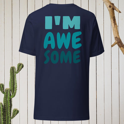 Navy t-shirt featuring a geometric bird design with a red head and teal-green body on the front, and bold blue text reading ‘I’M AWESOME’ on the back—stylish, artistic, and perfect for casual wear.