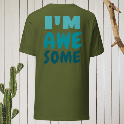Military green t-shirt featuring a geometric bird design with a red head and teal-green body on the front, and bold blue text reading ‘I’M AWESOME’ on the back—stylish, artistic, and perfect for casual wear.
