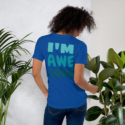 Royal blue t-shirt featuring a bold front print reading ‘I’M AWESOME’ in large blue letters—minimalist, stylish, and perfect for casual wear.   